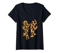 Womens Coquette Bow Leopard Cheetah Print For Women Girls Girly Mom V-Neck T-Shirt