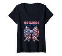 Womens Coquette Bow No Kings Patriotic Day USA 4th Of July America V-Neck T-Shirt
