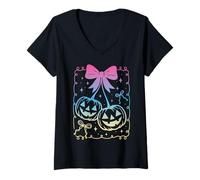 Womens Coquette Bow Pumpkin Cherries Pastel Goth Retro Halloween V-Neck T-Shirt