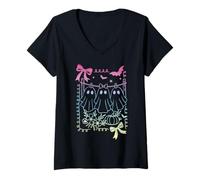 Womens Coquette Bow Retro Ghosts Hangin Around Pastel Goth Witch V-Neck T-Shirt