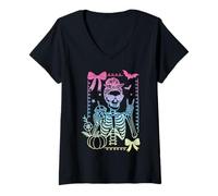 Womens Coquette Bow Skeleton Coffee Pastel Goth Witch Girl Boo-JEE V-Neck T-Shirt