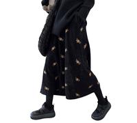 Womens Corduroy Floral Embroidery Long Skirts, Vintage Elastic High Waist A Line Corduroy Long Skirt with Pockets (Black,M)