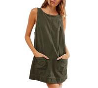 Women's Corduroy Overall Dress Round Neck A Line Skirtall Jumper Mini Dress Pinafore with Pockets Dress for Women Summer (AG, L)
