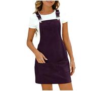 Women's Corduroy Overall Dresse Casual Pinafore Dress Square Neck Solid Pocket Front Wide Straps Short Dungarees Sleeveless Vintage Mini Dress Purple
