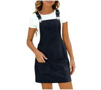 Women's Corduroy Overall Dresse Casual Pinafore Dress Square Neck Solid Pocket Front Wide Straps Short Dungarees Sleeveless Vintage Mini Dress Navy