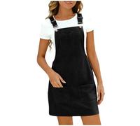 Women's Corduroy Overall Dresse Casual Pinafore Dress Square Neck Solid Pocket Front Wide Straps Short Dungarees Sleeveless Vintage Mini Dress Black