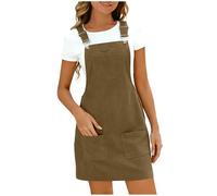 Women's Corduroy Overall Dresse Casual Pinafore Dress Square Neck Solid Pocket Front Wide Straps Short Dungarees Sleeveless Vintage Mini Dress Khaki