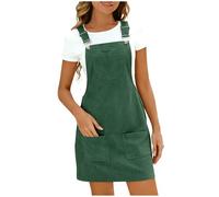 Women's Corduroy Overall Dresse Casual Pinafore Dress Square Neck Solid Pocket Front Wide Straps Short Dungarees Sleeveless Vintage Mini Dress Green