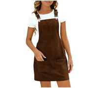 Women's Corduroy Overall Dresse Casual Pinafore Dress Square Neck Solid Pocket Front Wide Straps Short Dungarees Sleeveless Vintage Mini Dress Coffee