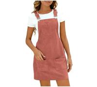 Women's Corduroy Overall Dresse Casual Pinafore Dress Square Neck Solid Pocket Front Wide Straps Short Dungarees Sleeveless Vintage Mini Dress Pink