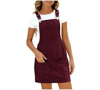 Women's Corduroy Overall Dresse Casual Pinafore Dress Square Neck Solid Pocket Front Wide Straps Short Dungarees Sleeveless Vintage Mini Dress Wine