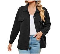 Womens Corduroy Oversized Shacket Button Down Boyfriend Shirt V Neck Cotton Long Sleeve Blouses with Bust Pocket Casual Work Jacket for Women UK Ladies Top Autumn Winter Vintage Outwear Clearance