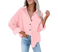 Women's Corduroy Shirt with Buttons Oversized Blouses Tops Long Sleeve Casual Warm Jacket with Pockets Blouse Women Blue, Hot Pink, XXL