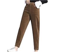Women's Corduroy Trousers Elastic High Waisted Straight Legs Cord Pants Winter Stretch Fleece Lined Thick Warm Corduroy Casual Full Length Trousers with Pockets,Za-Brown,XXL