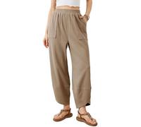 Women's Corduroy Trousers High Waisted Harem Pants with Elasticated Waist Wide Leg Cropped Capri Style Vintage Autumn Winter Warm Bottoms Ladies Stretch Cord Trouser with Pockets Khaki L