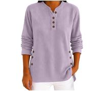 Women's Corduroy V-Neck Long Sleeve Tops - Button up Loose Fitting Tshirt Casual Outing Pullover Tops Ladies Solid Color Tees Tunic Lightweight Sweatshirt Purple