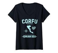 Womens Corfu Ionian Sea Greece Island Vacation Greek Flag GPS Map V-Neck T-Shirt