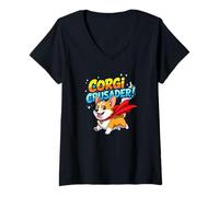 Womens Corgi Crusader Brave Heroic Funny Dog Humor Animal Art V-Neck T-Shirt