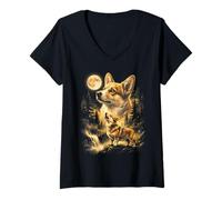 Women's Corgi Howling at Full Moon Forest Waterfall V-Neck T-Shirt