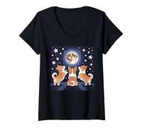 Women's Corgi Howling At Moon Decor Cozy Corgi Lovers Funny Corgis V-Neck T-Shirt