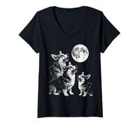 Women's Corgi Howling At Moon V-Neck T-Shirt