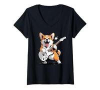 Women's Corgi Playing Guitar Rock Star Roll Cozy Corgi Lovers Corgis V-Neck T-Shirt