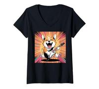 Women's Corgi Playing Guitar Rock Star Roll Cozy Corgi Lovers Corgis V-Neck T-Shirt