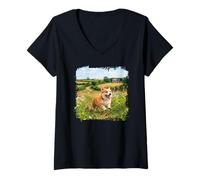 Women's Corgi Running Flower Meadow Countryside Path Scene V-Neck T-Shirt