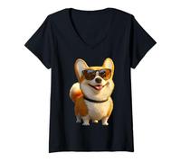 Womens Corgi with Sunglasses Welsh Corgis Dogs Cute Welsh Corgi V-Neck T-Shirt