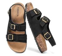 Women's Cork Footbed Sandals, Adjustable Double Buckle Open Toe Flat Slides,Slip On Mules Clogs Sandals With Back Strap Summer Shoes Comfortable Casual Slipper for Beach Outdoor, Black, 9.5 Women/8.5