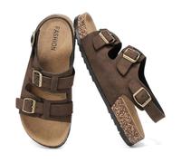 Women's Cork Footbed Sandals, Adjustable Double Buckle Open Toe Flat Slides,Slip On Mules Clogs Sandals With Back Strap Summer Shoes Comfortable Casual Slipper for Beach Outdoor, Brown, 7.5 Women/6.5