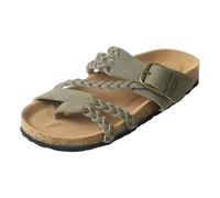 Womens Cork Footbed Sandals Braided Straps Toe Loop Buckle Summer Shoes | Brown cork footbed sandals with braided straps, toe loop, buckle and contoured sole for summer, beach and casual wear.