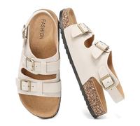 Women's Cork Footbed Sandals With Back Strap For Men Comfortable Adjustable Double Buckle Mules Cork Sandals Clogs Open Toe Flat Slides Casual Slip On Slipper for Beach Outdoor Summer Shoes, Beige, 6