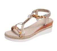 Women's Cork Wedge Sandals - Open Shoes Women Summer Wedge Ankle Sandal with Elastic Slip On Open Back Sandals Lightweight Casual Beach Wear Shoes, gold, 8.5 UK