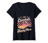 Women's Cornhole is My Happy Place Fun Board V-Neck T-Shirt