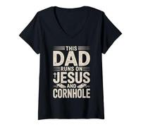 Women's Cornhole Team Champion This Dad Runs On Jesus and Cornhole V-Neck T-Shirt