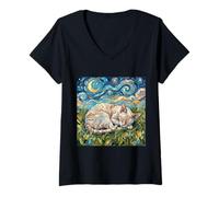 Women's Cornish Rex Cat Starry Night Sleeping Feline Artwork V-Neck T-Shirt