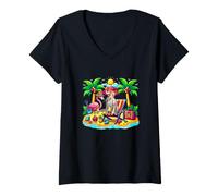 Women's Cornish Rex Relaxing On Beach Funny Summer Vacation Hawaiian V-Neck T-Shirt