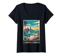 Women's Corpus Christi Texas Retro Vintage Coastal Skyline Bay City V-Neck T-Shirt