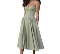 Women's Corset Dress Vintage Spaghetti Strap A-Line Midi Elegant Bustier Cocktail Party Evening Tea Dresses Pocket, Light Green, XL
