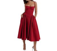 Women's Corset Dress Vintage Spaghetti Strap A-Line Midi Elegant Bustier Cocktail Party Evening Tea Dresses Pocket, Red, S