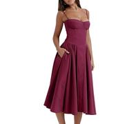 Women's Corset Dress Vintage Spaghetti Strap A-Line Midi Elegant Bustier Cocktail Party Evening Tea Dresses Pocket, Rose Red, L