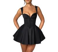 Women's Corset Mini Dress, Deep V-Neck, Backless, Ruffle Hem, Sleeveless A-line Dress, Deep Cut, Flared, Flowy Skater Camisole Dress, black, S