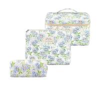 Women's Cosmetic Bag Set of 3 Travel Makeup Bag Made of Cotton, Flower Pattern Make-Up Bag, Blue flowers, Fresh and sweet