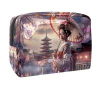 Women's Cosmetic Bags Beautiful Geisha and Cherry Flowers Makeup Case Travel Toiletry Bag Cosmetics Organizer 18.5x7.5x13cm