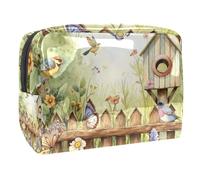 Women's Cosmetic Bags Garden Scene Birdhouses Butterfly Flowers Makeup Case Travel Toiletry Bag Cosmetics Organizer 18.5x7.5x13cm