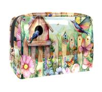 Women's Cosmetic Bags Garden Scene Birdhouses Butterfly Flowers Makeup Case Travel Toiletry Bag Cosmetics Organizer 18.5x7.5x13cm