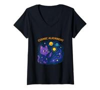 Women's Cosmic Alignment Mystic Cat Art V-Neck T-Shirt