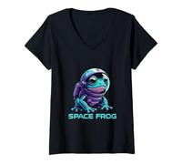 Women's Cosmic Amphibian Explorer Cartoon Space Character V-Neck T-Shirt