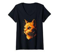 Womens Cosmic Art, Vibrant Orange Cat with Galaxy Eye V-Neck T-Shirt